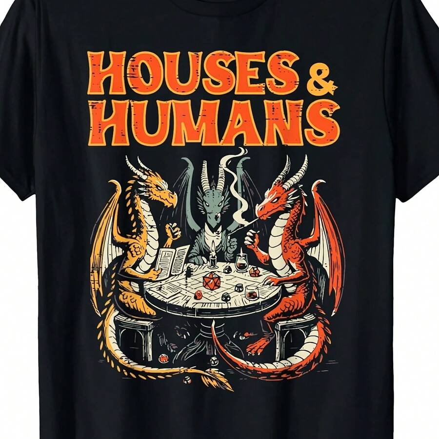 Men's Fun Dungeonss&Dragonss Inspired T-Shirt - House&Humans RPG Parody Game Player Top With Dragon And Wizard Battle Design - 款式 - 查看 1