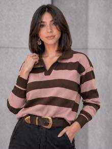 Women's Striped Knit Blouse With Long Sleeves And Polo Neck - Modern, Elegant, Casual Knit Sweater - 棕色和淺藍色 - 查看 1