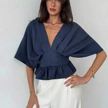 Fashion Women's Clothing  Blusa de mujer de unicolor con cuello en V, volantes y pliegues de moda, para otoño, para mujeres, para maestras, para negocios casuales. Azul marino, cuello en V, hombros caídos, cintura ceñida, pliegues fijos, estilizadora, elegante para oficina y uso diario. - Amarillo claro - Ver 7