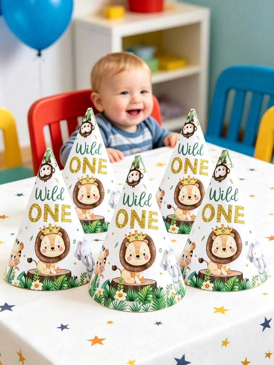 6pcs Jungle Animal Theme Party Hats, Wild Theme Party Decorations, 1st Birthday Party Paper Hats, Birthday Party Supplies, Baby Shower Party Supplies, Boy Birthday, Birthday Photo Props, Baby Shower Decorations, Gender Reveal Party Decorations, Home Birthday Decorations, Room Decorations, Jungle Animal Party Accessories, Birthday Gifts, Party Favors