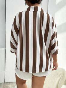 Plus Size Women's Casual Loose Fashion Versatile Simple Coffee Brown Striped Shirt, Women's Leisure Top, Resort Wear - Brown - View 2