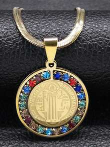 Catholic Saint Benedict Snake Chain Necklace, Unisex, Stainless Steel Material, Rhinestone Inlaid, Gold/Silver Pendant, Gemstone Choker - Necklace - View 10