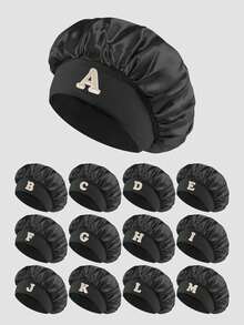 1 pieza Gorro de dormir de satén de seda sintética para mujer, gorro de dormir de tamaño grande con 26 letras para cabello rizado trenzado, adecuado para dormir y uso de belleza diario - Negro - Ver 9