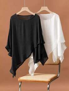 1 Piece Of Flowing, Designer Irregular Hem Solid Color Pullover Shawl - Multicolor - View 3