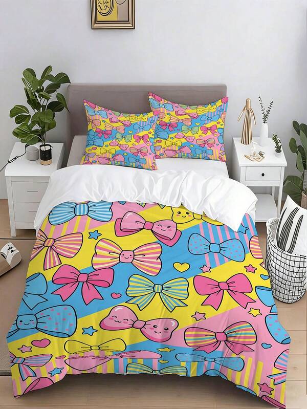 Bộ 3 món vỏ chăn chủ đề nơ hoạt hình, phối màu hồng, vàng, xanh, họa tiết nơ, sao, trái tim, 1 vỏ chăn + 2 vỏ gối (không bao gồm chăn và gối), vải mềm giặt máy được, phù hợp cho phòng ngủ, phòng khách, ký túc xá, trang trí nhà cửa, quà tặng tuyệt vời cho bạn bè, con gái, gia đình