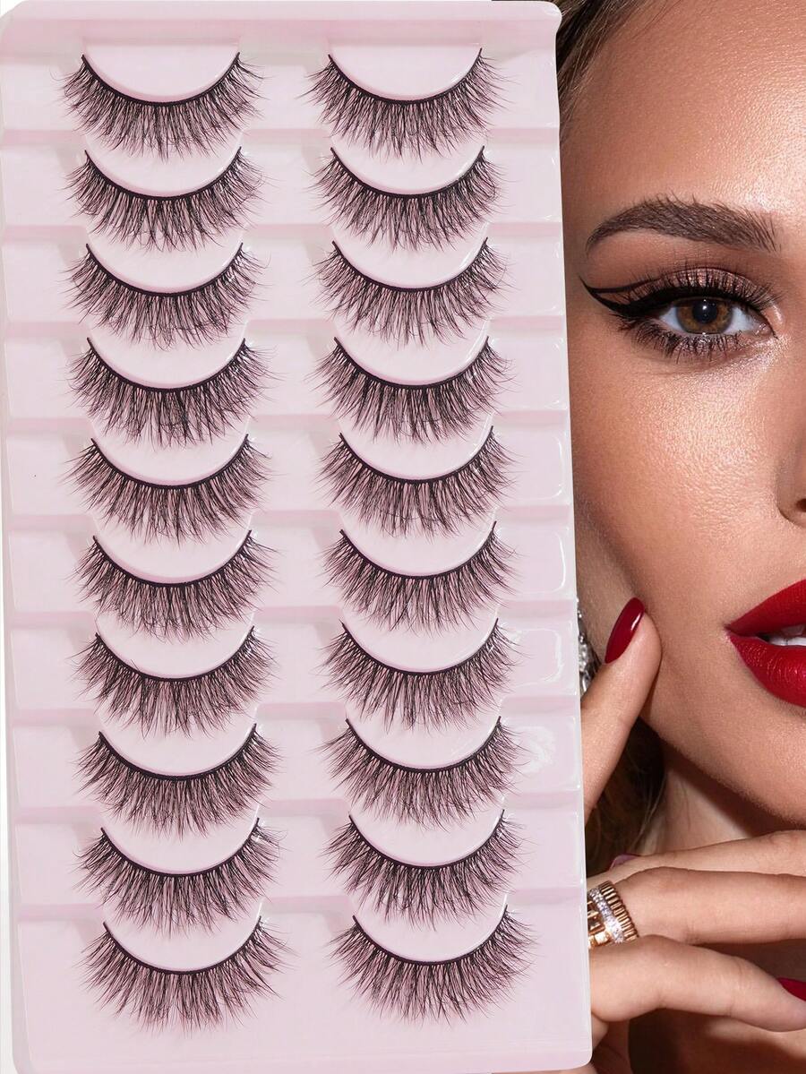 MAANGE 10 Pairs Cartoon Style Natural Lightweight False Eyelashes - Slender Cat Eye Shape False Lashes Made Of Faux Mink Hair, Create Natural Daily Makeup - Reusable, Comfortable, Suitable For Beginners Strip Lashes