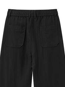 Old Money Style Men's Black Pleated Wide Leg Pants, Elastic Waist Casual Straight Leg Trousers, Suitable For Office And Daily Wear - Black - View 4