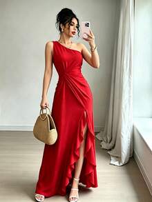 Vestido Largo Blanco Elegante Hombro Único con Abertura y Volantes para Fiesta, Boda o Evento Formal - Rojo - Ver 1