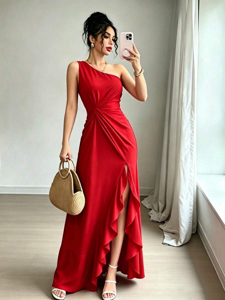 Vestido Largo Blanco Elegante Hombro Único con Abertura y Volantes para Fiesta, Boda o Evento Formal - Rojo - Ver 1