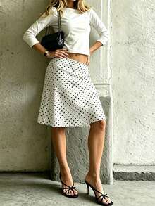 French Polka Dot A-Line Skirt, High Waist Slimming White Dotted Skirt, Casual Draping Skirt For Summer, French Retro Commuter Casual Skirt, French Girl Style - White - View 6