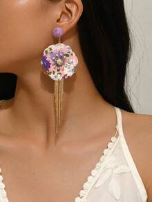1 Pair Beach Vacation Ins Style Fabric Floral Micro-Inlaid Transparent Rhinestone Tassel Earrings, Fashionable Sweet High-End Fabric Tassel Flower Earrings Suitable For Women's Daily, Vacation, Banquet Wear (Fabric Pattern Random) - Purple - View 2