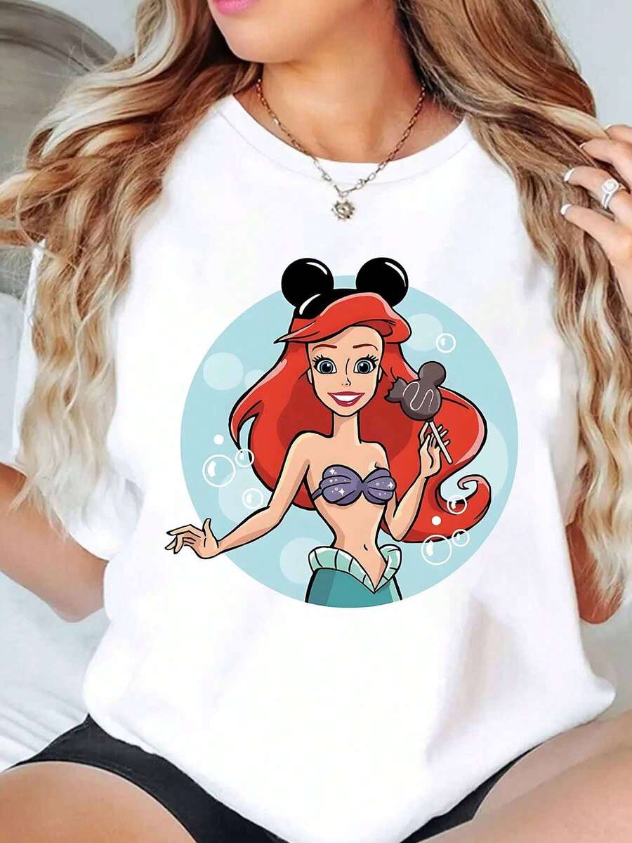 Mickey Mouse Ears Ariel Mermaid Print Disney Women T Shirt Round Neck Short Sleeve Casual Summer Wear For Everyday And Holiday Soft Comfortable 220g - trắng - Xem 1