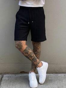Pantalones cortos de punto de pierna ancha con cordón ajustable para hombre. - Negro - Ver 2