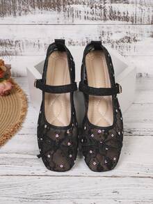 New Women's Buckle Bow Square Toe Mesh Mary Jane Lace Flower Flat Shoes, Solid Color, Fashionable, Elegant, Vacation, Bohemian, Casual, Floral Flat Shoes, Party, Summer - Black - View 6