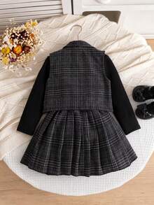 3pcs Young Girl's Casual Fashion School Style Patterned Vest Jacket, Paired With Simple Solid Turtleneck T-Shirt And Chic Plaid Pleated Skirt Set, Suitable For Daily, Outdoor, Commute, School, And Vacation - Black - View 3