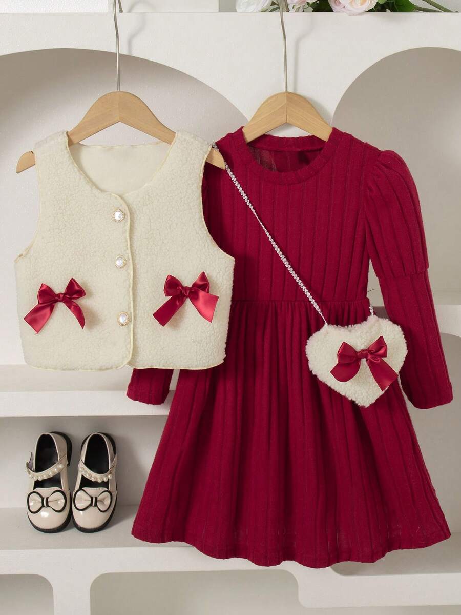 2 Peças Conjunto de Roupa Casual Feminina - Top Sem Manga com Decoração de Laço e Vestido Longo até o Joelho de Manga Longa, Conjunto de Moda para Meninas, Primavera/Outono/Inverno - Vinho - Visão 1