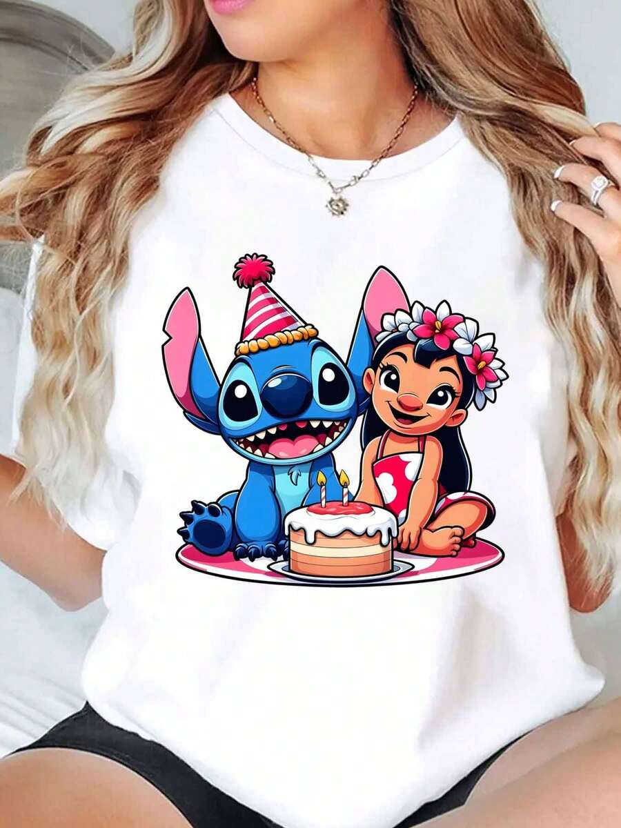 Stitch And Lilo Birthday Cake Print Disney Women T Shirt Round Neck Short Sleeve Casual Daily Wear Party Celebration Soft Comfortable 220g - trắng - Xem 1