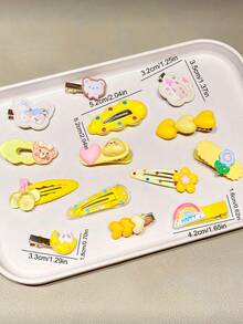 14pcs/Set Pinces à frange mignonnes de dessin animé, combinaison de couleurs fraîches de ton jaune avec des éléments de chat, ours en peluche, fleurs, couleurs vives et douces, convenant pour les chignons, les couettes ou les coiffures décontractées - Pour les femmes et les filles, convenant pour le quotidien, les rendez-vous, l'école, les vacances, la plage, les fêtes, les vacances, les cadeaux, la saison des remises de diplômes, barrettes à cheveux, pinces à cheveux - Multicolore - Voir 9