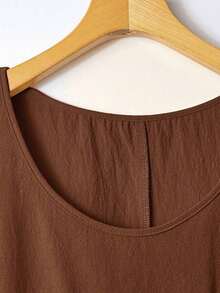 EMERY Vestido de verano casual de talla para mujer, de color verde militar sólido, sin mangas, con volantes en el bajo y parches de encaje en la espalda - Marrón - Ver 7