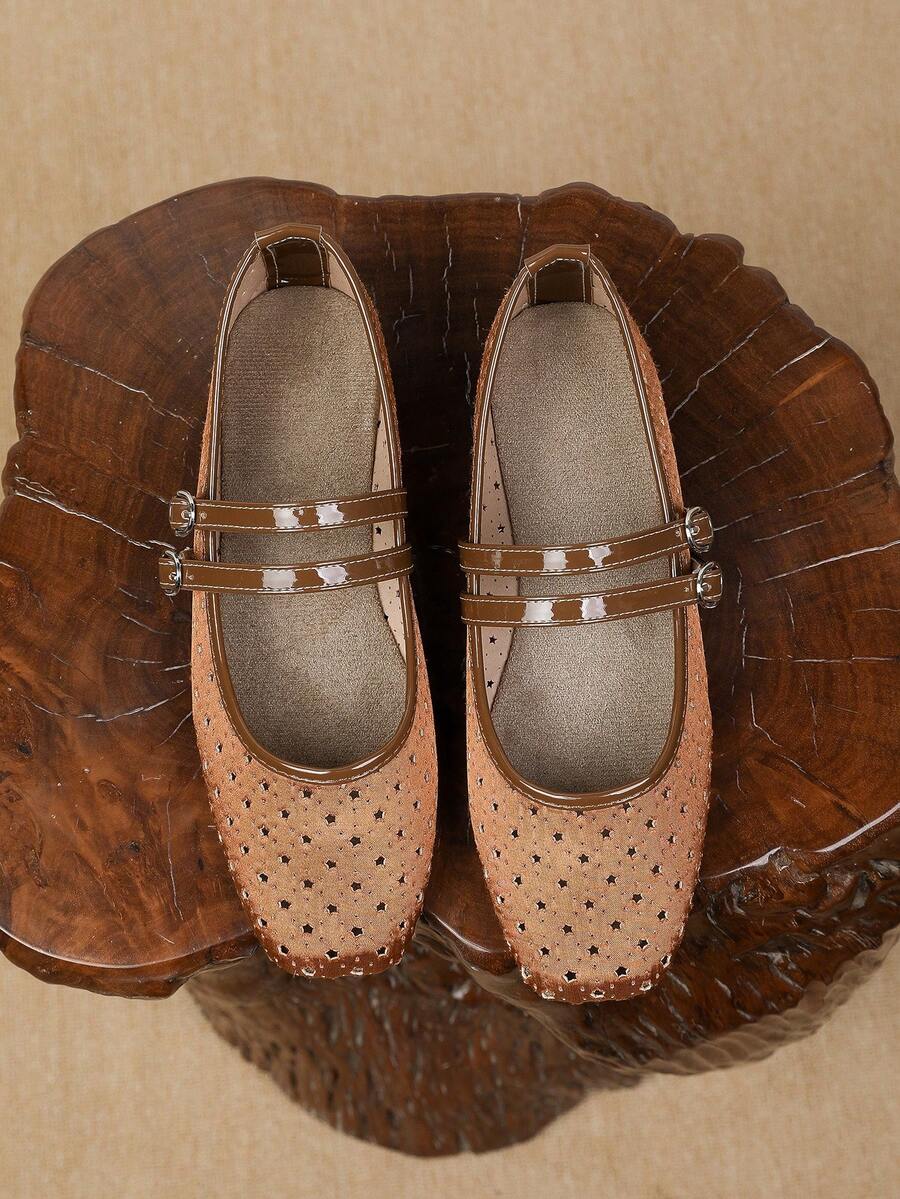 New Pentagram Hollow Mary Jane Shoes, Breathable Non-Stuffy Granny Shoes, Spring/Summer/Autumn, Slip-On Ballet Shoes