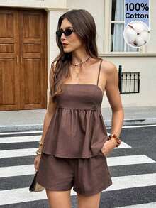 Conjunto informal de 2 piezas de top de tirantes con volantes en el bajo y shorts de unicolor para mujer - Marrón - Ver 2