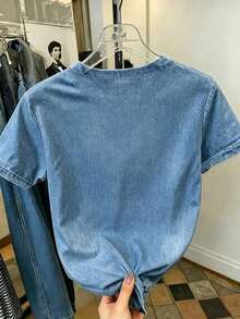 Camiseta de manga corta con cuello redondo y estampado en relieve de oso de dibujos animados para mujer - Multicolor - Ver 2