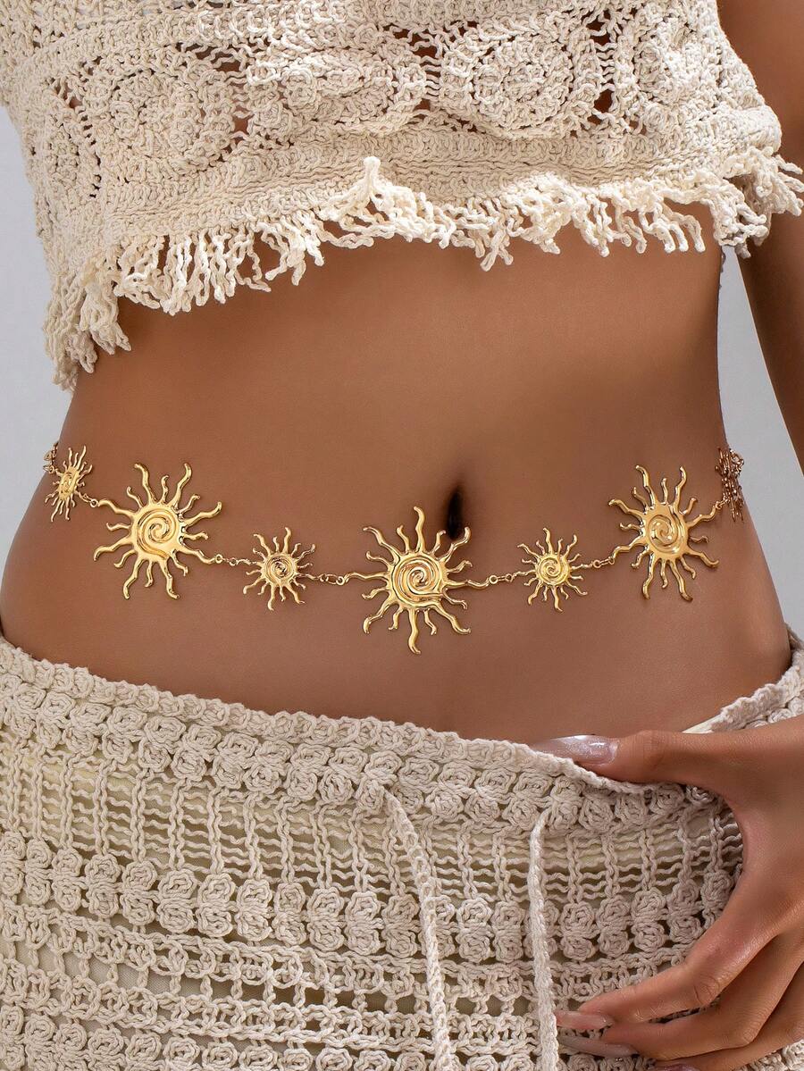 1pc Bohemian Style Gold Sun Spiral Waist Chain, Adjustable Sun Pendant Body Chain, Summer Beach Festival Women's Belly Chain - Gold Necklace - View 1