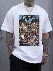 Urban Scene Full Of Caricatured Characters That Represent Friendship, Diversity, And Community Life With Bright Colors And An Artistic Street Atmosphere That Conveys Youthful Energy And Social Connection. Modern And Comfortable Men's T-Shirt For Everyday Use. - 白色的 - 查看 1