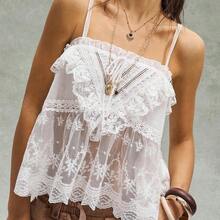Camiseta sin tirantes de unicolor con volantes tejidos para mujer, estilo casual boho para vacaciones, San Valentín, festivales de música - Albaricoque - Ver 5
