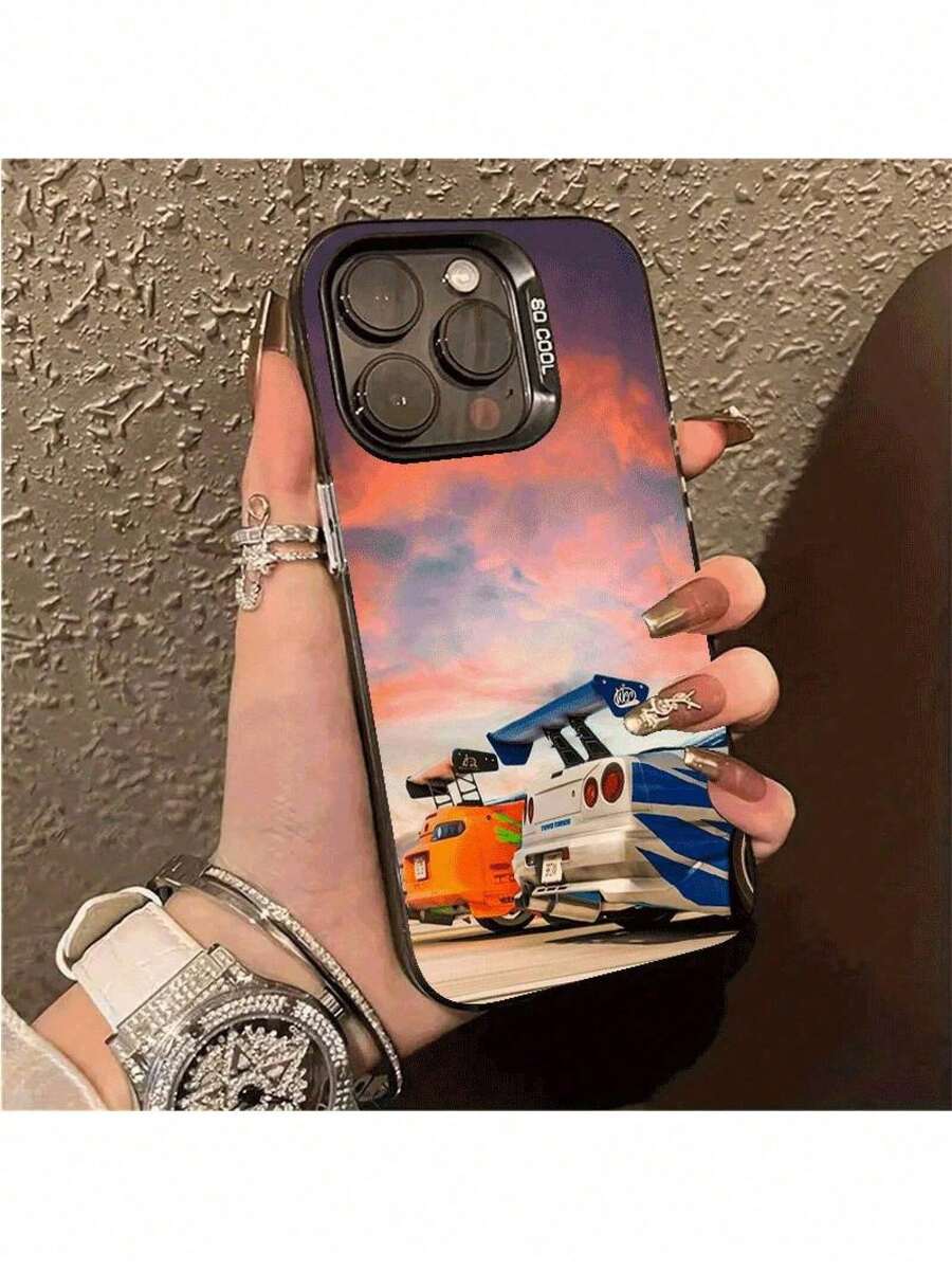 Funda en Estilo Ins con Patrón de Coche para iPhone 16 Pro Max/15 Pro/14 Plus/13/12/11/Xs Max/Xs/Xr/8/7 - Estética Vintage, Acabado Mate Gradiente de Alta Calidad, Sin Huellas Dactilares - Negro - Ver 1