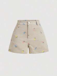 MOD Shorts casuales de verano para mujer con bordado floral - Albaricoque - Ver 1