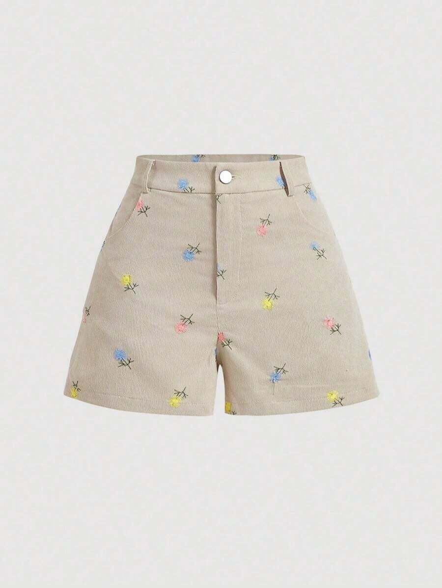 MOD Shorts casuales de verano para mujer con bordado floral - Albaricoque - Ver 1