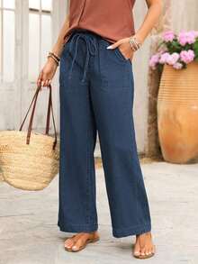 Jeans de pierna ancha con cintura con cordón y bolsillos grandes para mujer - Azul lavado oscuro - Ver 4