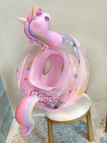1pc Kids Unicorn Inflatable Swim Seat Ring, Shiny Transparent Thickened PVC Pool Float With Handle, Anti-Flip Baby Swim Ring Suit, First Day Of School - Multicolor - View 9