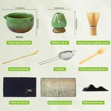 Kit de Té Matcha Tradicional - Juego Completo Con Batidor, Tazón de Cerámica Hecho a Mano, Soporte, Cuchara - Ceremonia de Té Japonés 9 Piezas (Verde) - Verde - Ver 9