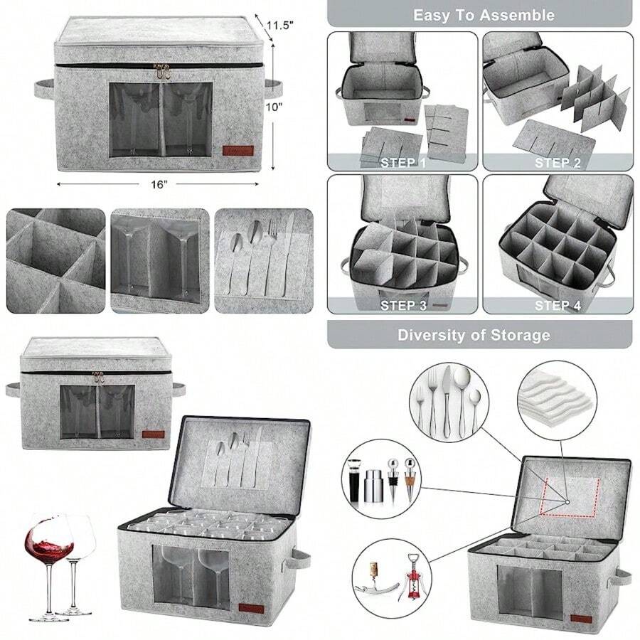 Foyego - Paquete de 2 cajas de almacenamiento para copas de vino con divisores recipientes de almacenamiento para embalaje y mudanza caja de almacenamiento de China para 12 cristalería copas de - GRIS CLARO2 PACK - Ver 1