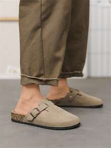 Men's Mule Shoes, Men's Retro Soft Cork Insole Sandals, Men's Slide Slippers With Arch Support, Classic Outdoor Slippers, Fashionable Solid Color House Shoes - Khaki - View 5