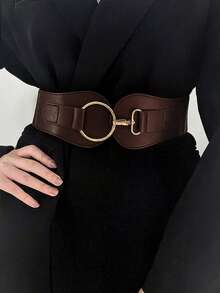 1pc Women's Coffee Color Minimalist Basic Elastic Wide Waist Belt, Suitable For Halloween Party Or Daily Outfit Matching - Coffee - View 3