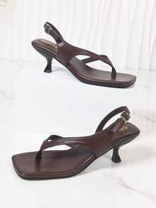 Viral Style Burgundy Slingback Thong Sandals, Editor Pick Adjustable Buckle Kitten Heels, Minimalist French Summer Casual Shoes. - màu nâu - Xem 7