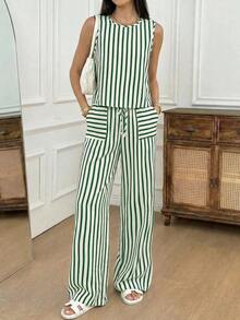 Conjunto informal de top y pantalones a rayas para mujer - Verde - Ver 5