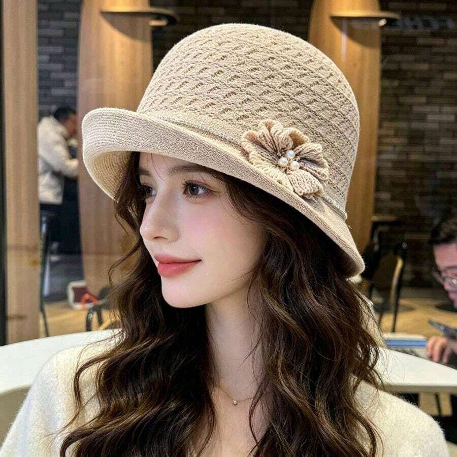 French-Style Flower Pearl-Embroidered Stylish Fisherman Hat Spring And Summer With Rolled Brim Shaping. Women's Versatile Bucket Hat And. - Be - Xem 1