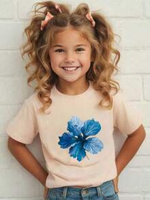 Blue Flower Print Design Printed T-Shirt For Children - Apricot - View 2