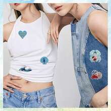24 Stücke Küsten-Denim-Bügelaufnäher: Seepferdchen, Schildkröte, Stiefel, Welle, westliches Ozean-Thema Stickerei-Dekor, geeignet für Jeans, T-Shirts, Jacken, Denim, Westen, Baseballkappen, Rucksäcke, Taschen, für Reparatur DIY-Basteln (Blau) - mehrfarbig - Übersicht 3