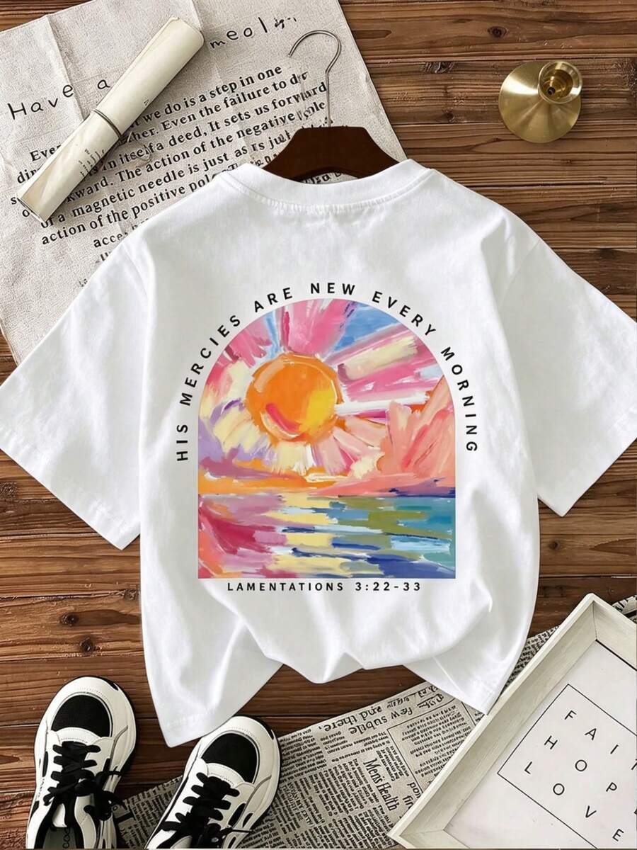 Women's Casual Short-Sleeved T-Shirt With Round Neck, Oil Painting Print With Summer Slogan - 白色 - 查看 1