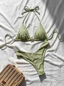 Swim Mod Conjunto de bikini de mujer con tirantes finos, unicolor y decoración metálica, sexy, para verano - Verde 3 - Ver 1