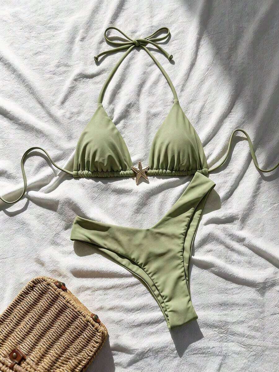 Swim Mod Conjunto de bikini de mujer con tirantes finos, unicolor y decoración metálica, sexy, para verano - Verde 3 - Ver 1
