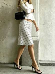 French Polka Dot A-Line Skirt, High Waist Slimming White Dotted Skirt, Casual Draping Skirt For Summer, French Retro Commuter Casual Skirt, French Girl Style - White - View 7