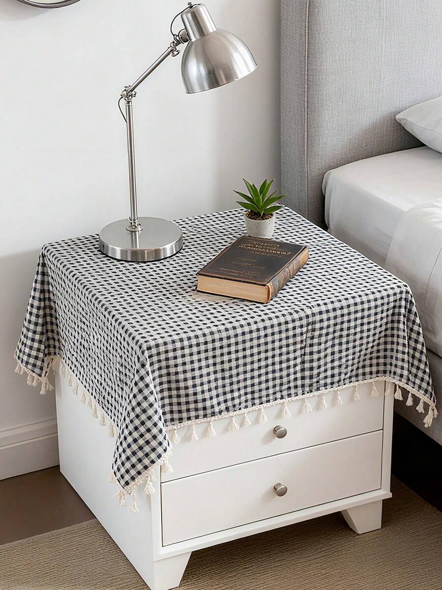 Tokoto Black Gingham Tablecloth With Tassel Fringe, Farmhouse Cotton Linen Table Cover For Dining Table, Nightstand & Coffee Table Decor, Rustic Boho Plaid Style