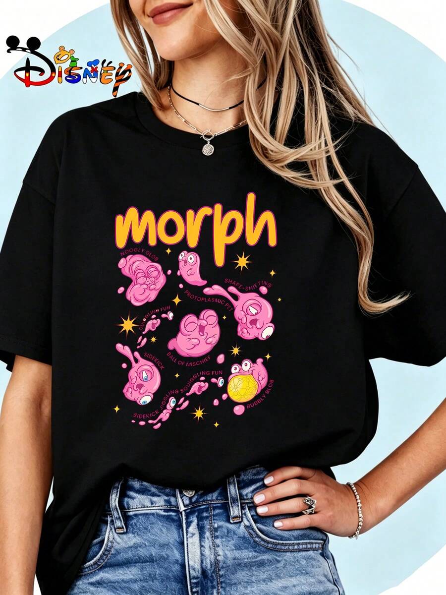 Breathable Cotton Lilo & Stitch Fan Tee | Morph The Shape-Shifting Pet "Morph" Print | Retro Disney Pullover Shirt - màu đen - Xem 1