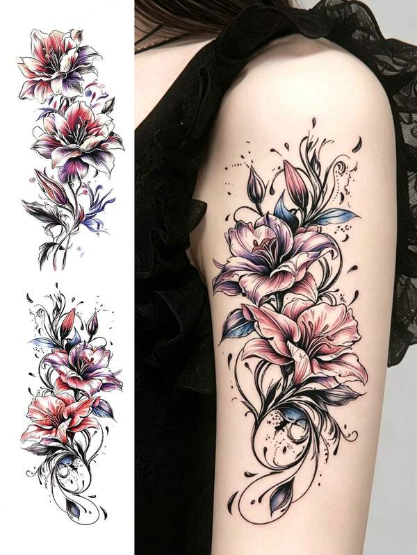2 Sheets Body Art Temporary Tattoos For Women, Fashion Colorful Flower Patterns, Waterproof Fake Tattoo, Lasting 2-5 Days. Suitable For Arms, Neck, Shoulders, Waist, And Legs. Perfect For Parties, Gifts, And Vacations.